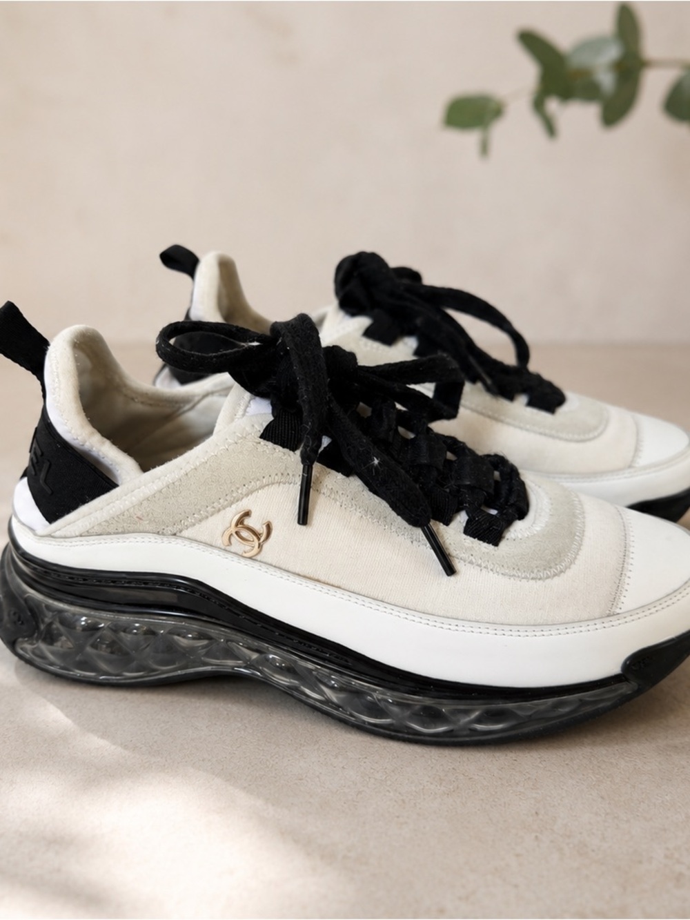 CHANEL Cream and Black Platform Lace-Up Sneakers